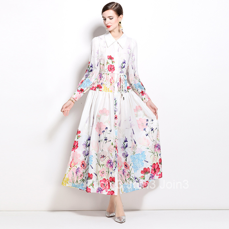 8550 Spring and Autumn new womens fashion temperament waist cinching slim fit dress long sleeved large swing long skirt