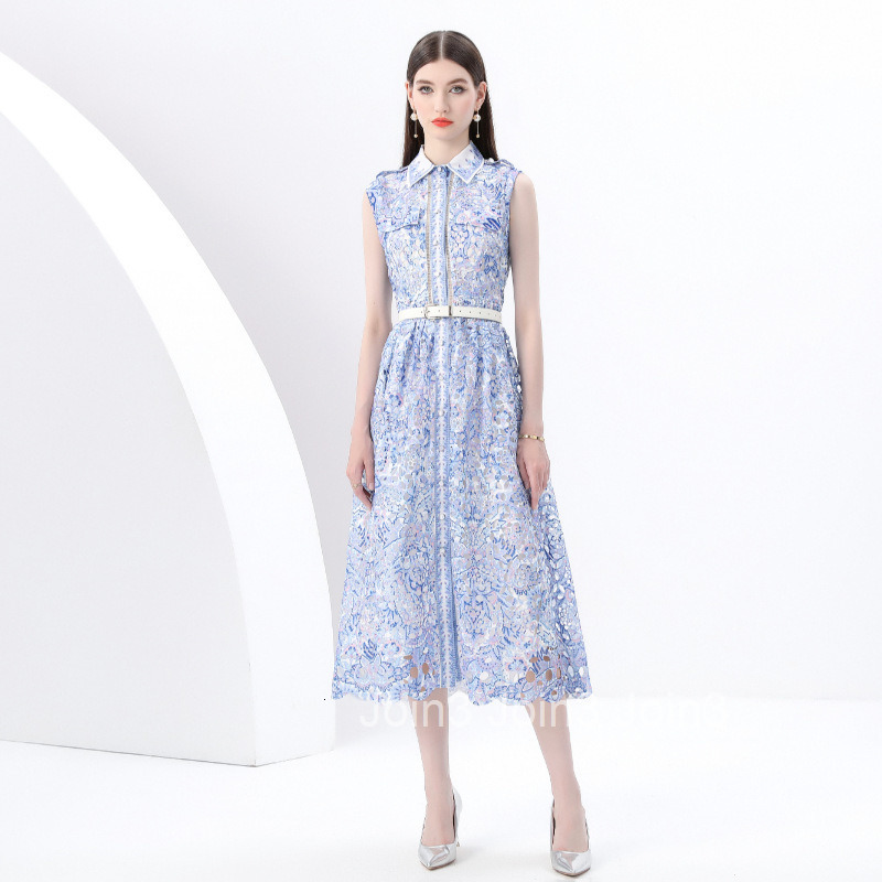 6196 Early Spring New Womens Fashion Elegant Lace Collar Waist-Cinching Sleeveless Long Dress Printed Dress
