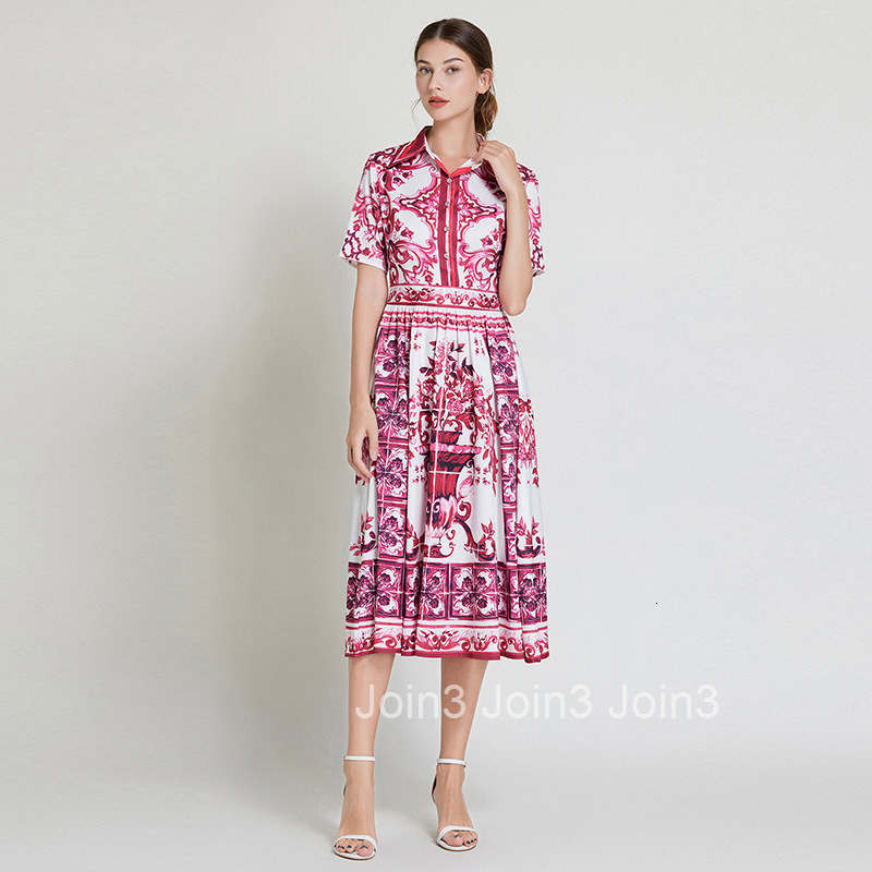 8523 Summer New Womens Fashion Printed Elegant Turn-Down Collar Short Sleeve Flared Mid-Length Dress