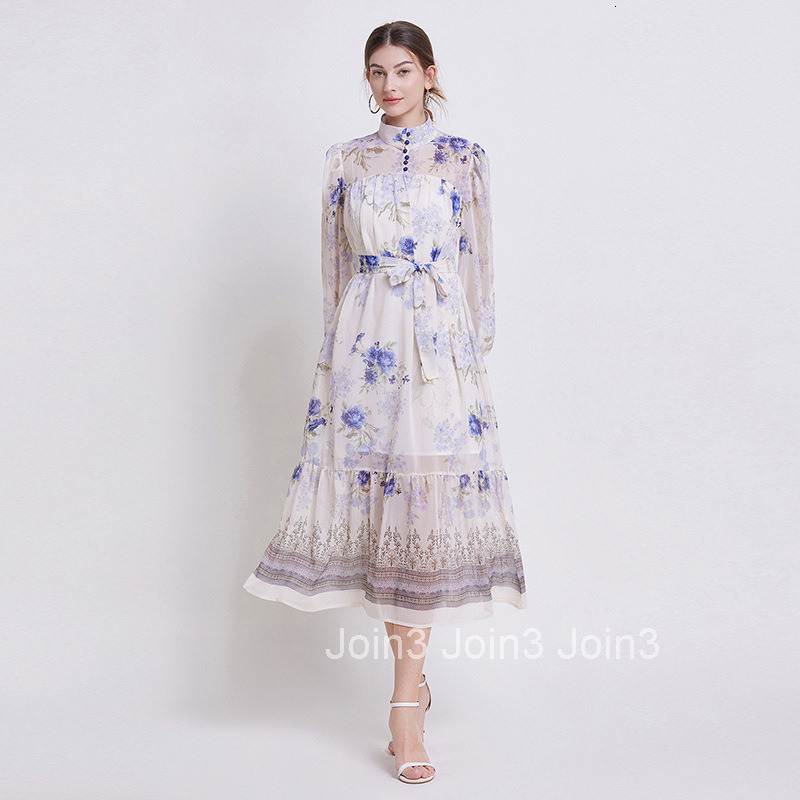 6602 Spring/Summer New Womens Fashion Style Printed Long Sleeve Chiffon Dress with Waist cinching and slimming Long Skirt