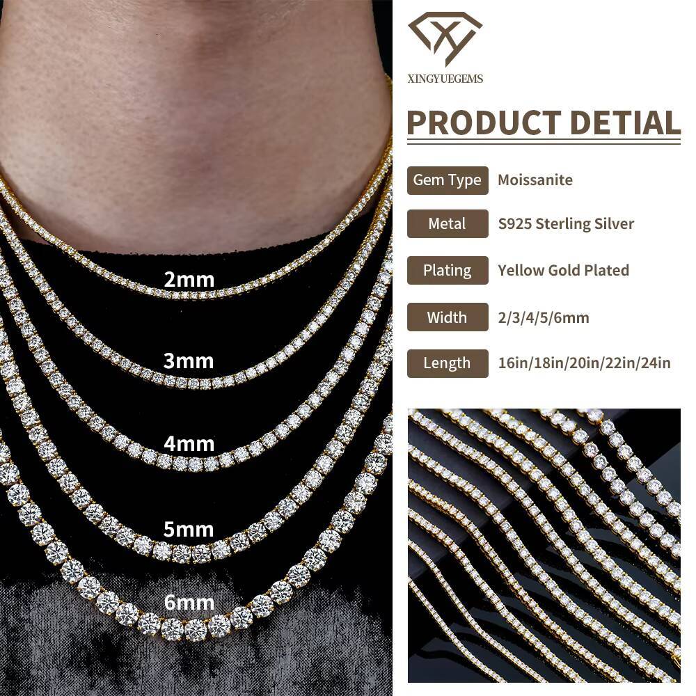 Tennis Necklace 925 Sterling Silver 18K Gold Plated 3/4mm Round Cut Moissanite Diamond Tennis Chain for Women and Men 4 Prong
