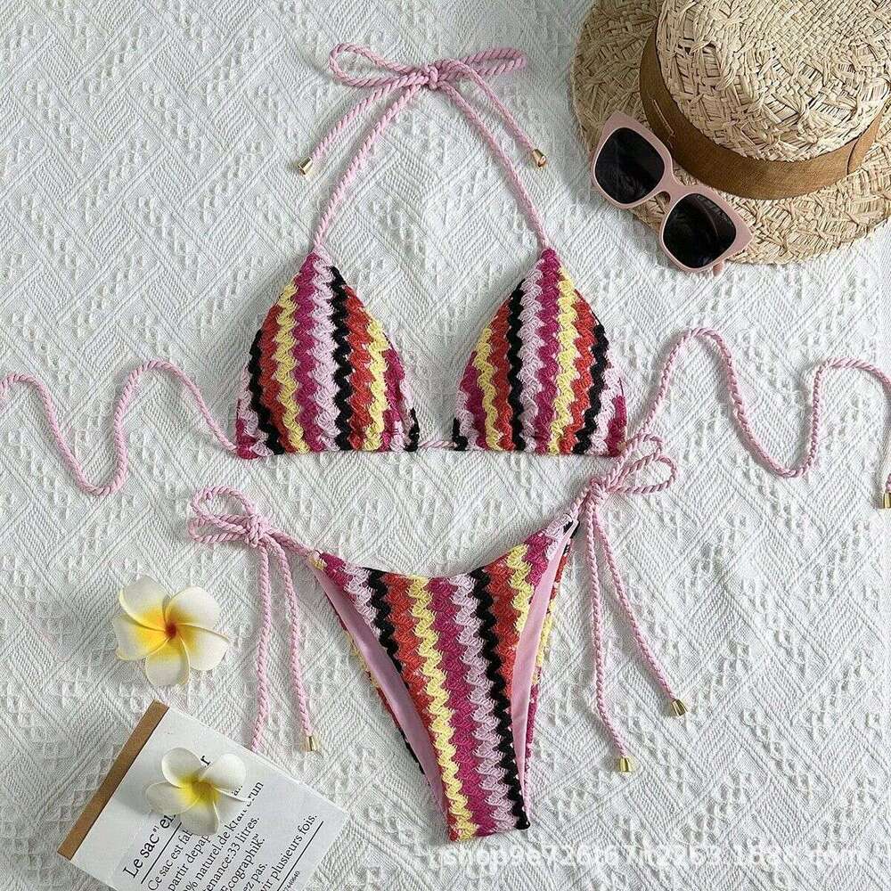 2025 New Knitted Rope Bikini Beach Women Two-Piece Tie Swimsuit
