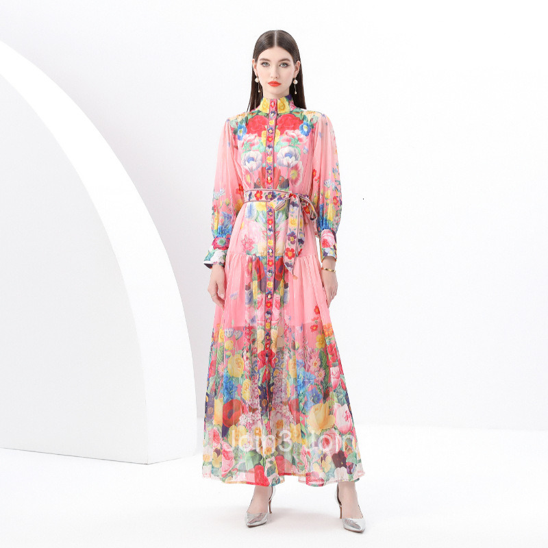 6160 Early Spring New Womens Stand up Collar Lantern Sleeve Large Swing Long Dress Printed Dress Two Piece Set