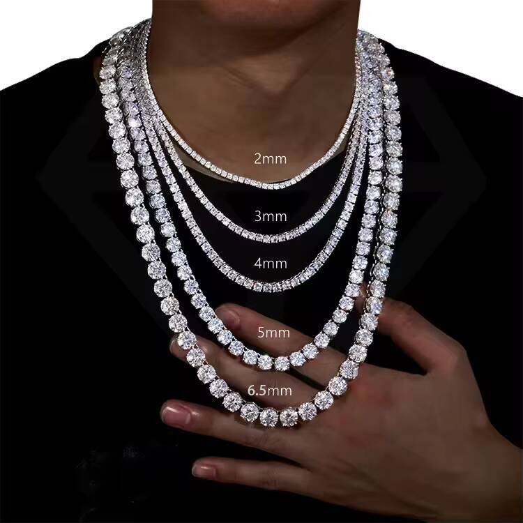 Custom Hiphop VVS Moissanite Diamond Necklace S925 Sterling Silver 2mm-6.5mm Tennis Chains