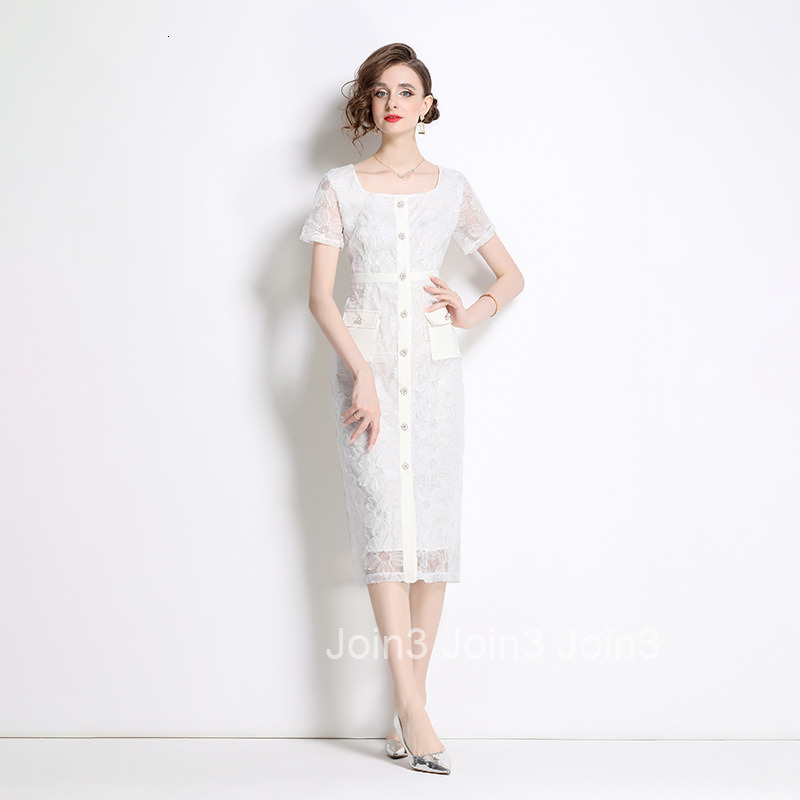 8018 Summer New Womens Fashion Elegant Sequin Embroidered Lace Square Neck Short Sleeve Socialite Mid-Length Dress