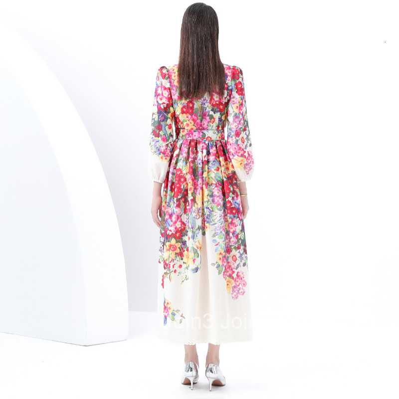 6072 Early Spring New Womens Clothing Elegance Style V-neck Lantern Sleeve Printed Long Dress