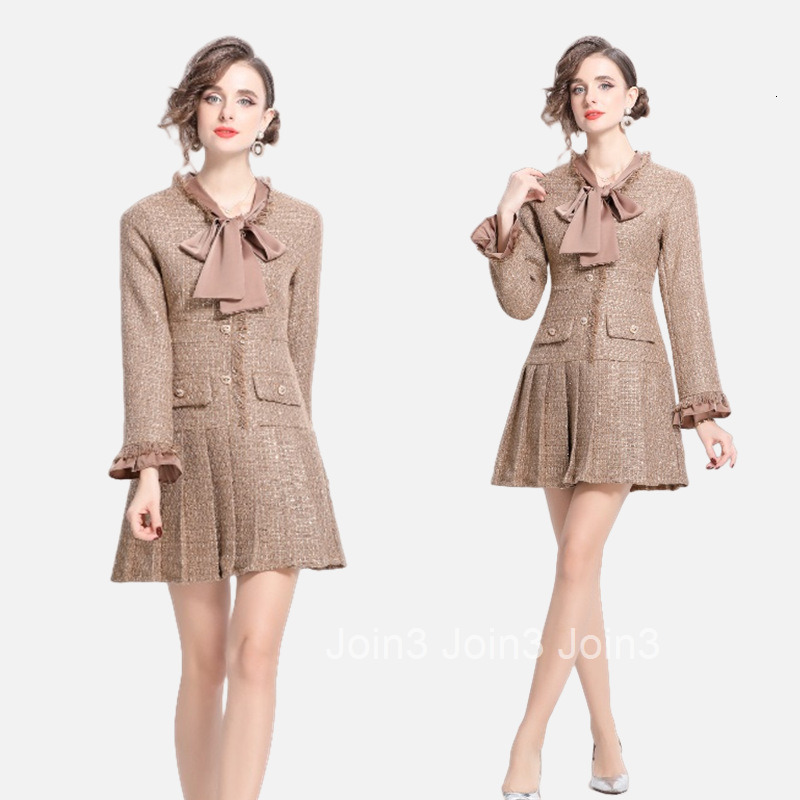 8053 autumn and winter new womens clothing temperament scarf collar long sleeved dress fashionable pleated short skirt
