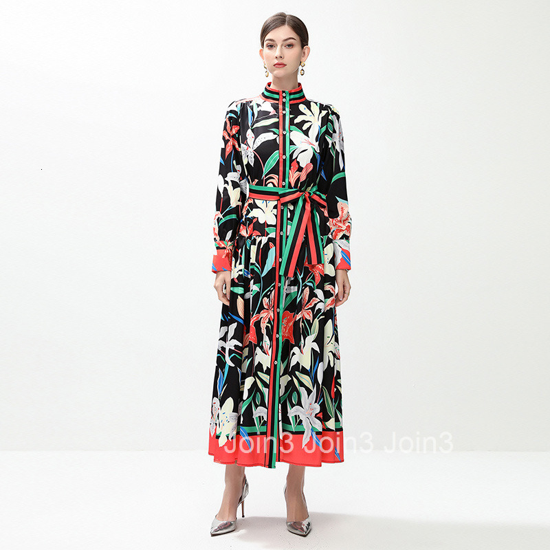 6091 Fashion Elegance Style Stand Collar Single-Breasted Printed Dress