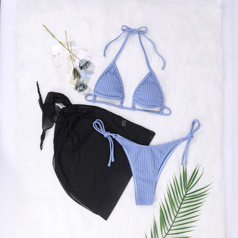 European and American Knitted Tie Design Three-Piece Swimsuit with Cover-Up Sexy Bikini Set New Casual Versatile Fashion Clothing