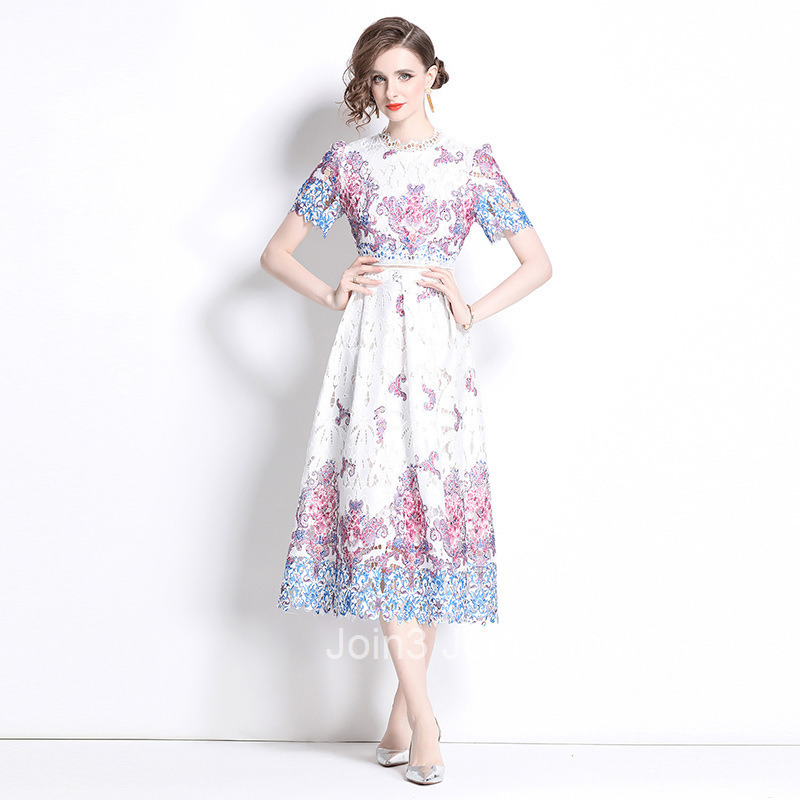 539 Summer New Womens Dress with Fashionable and Skinny Look Hollow out Water soluble Lace Printed Medium to Long Length Dress