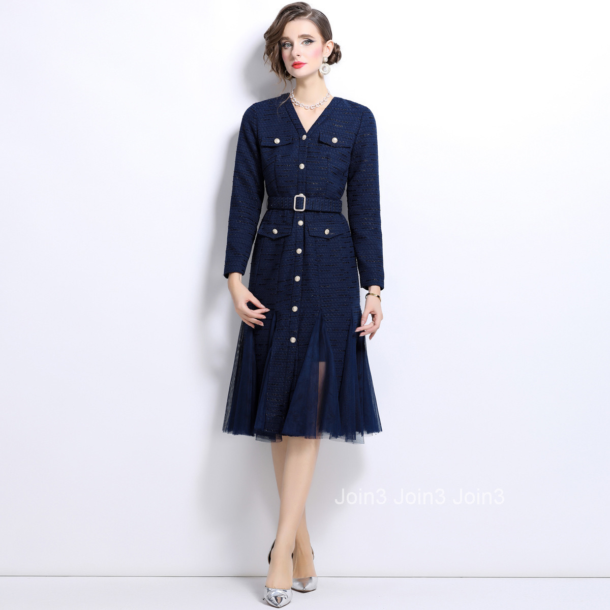 6898 autumn new womens clothing style slim fitting and slimming mesh splicing long sleeved fishtail dress
