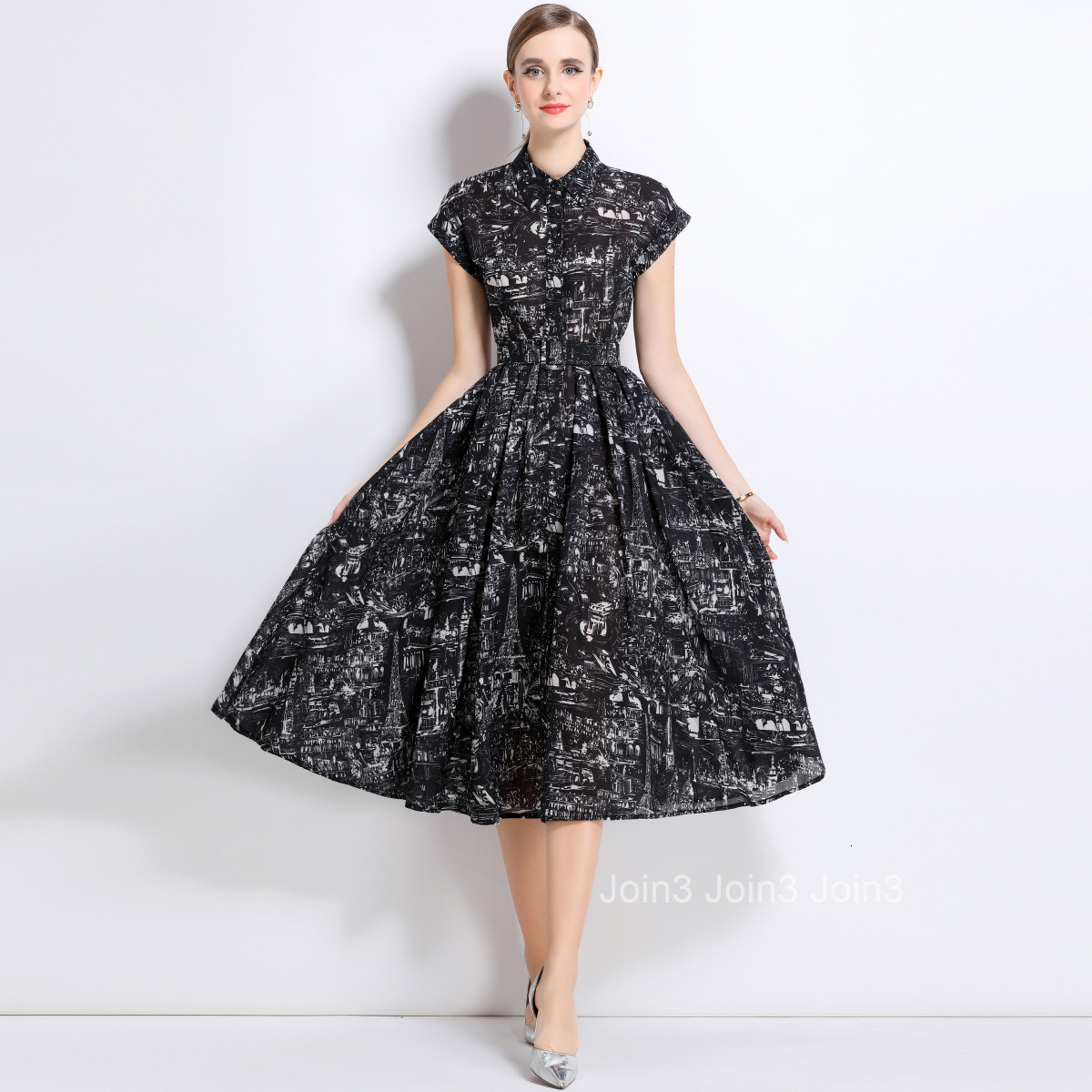 1701 Summer New Printed Short Sleeve Shirt with Belt Mid-Length Dress