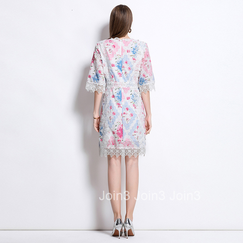 5159 Summer Printed New Heavy Embroidery Lace Trim Dress
