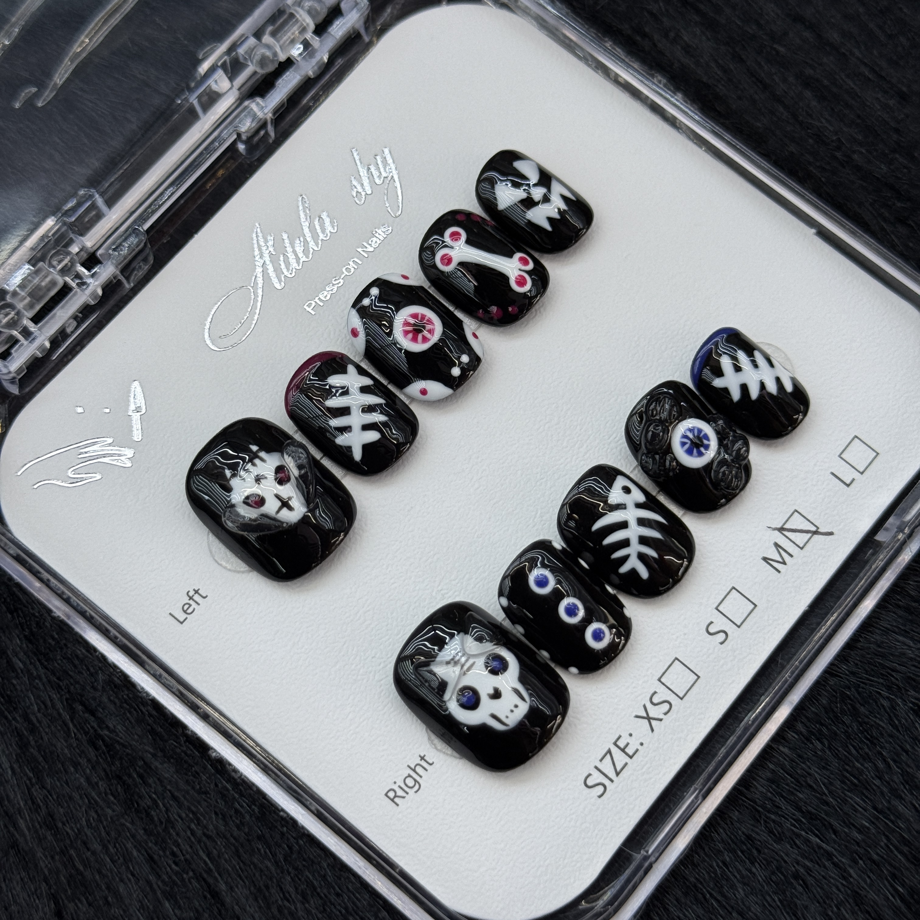 10Pcs Gothic Punk Skull & Bone Press-On Nails - Halloween Spooky Black Manicure Set
