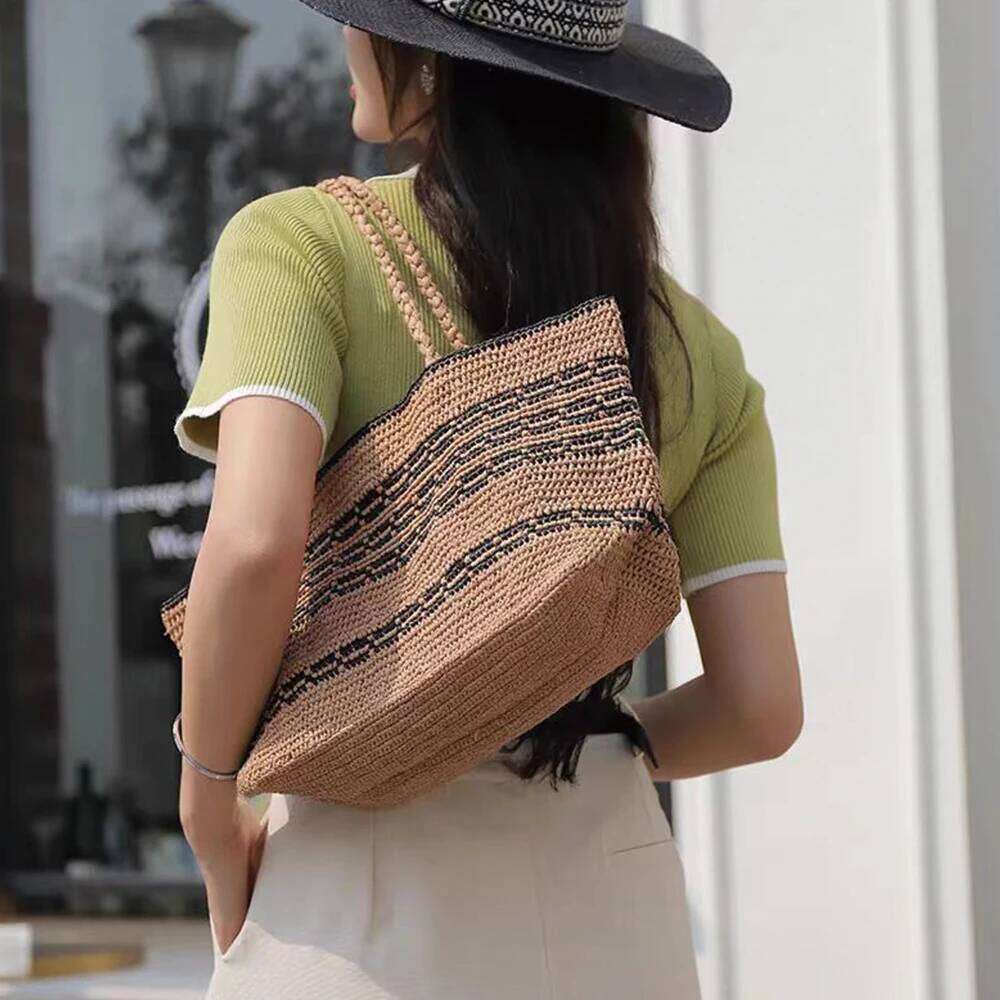 Summer Raffia Beach Handbag Striped Woven Shoulder Bags For Women Bohemianstraw Bag Tote Vacation Travel Shopper Purses NEW