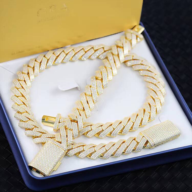 Factory Wholesale Custom 20mm 3 Rows Vvs Moissanite Cuban Link Chain Bracelet 925 Silver Men Hip Hop Cuban Chain Necklace