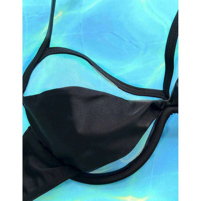Mesh See Through Set Women Swimwear Bandage High Cut Thong Split Swimsuit 2025 New Bikini Push Up Sexy Two Pieces Sets
