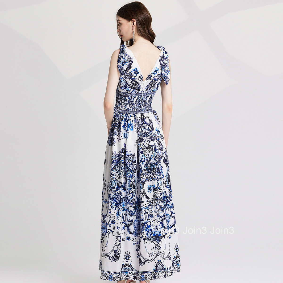 729 Summer New Womens Sexy V-neck Printed Elastic Waist Dress with Bow Tie Skirt