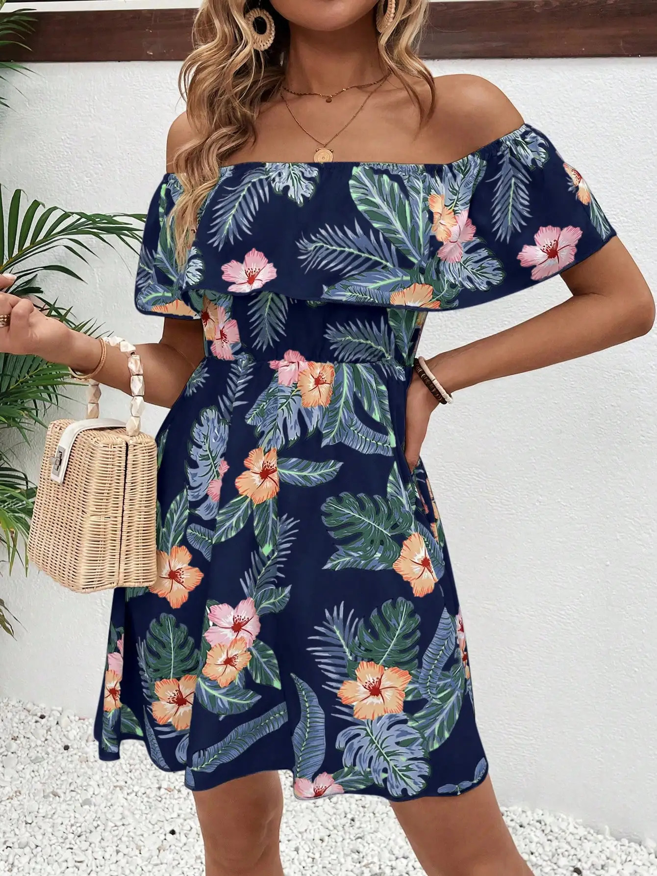 Elegant fashion womens dress line neck short sleeve ruffle full body print casual 250717