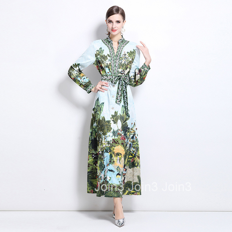 6096 Fashion Elegance Style Small Collar Single-Breasted Printed Dress