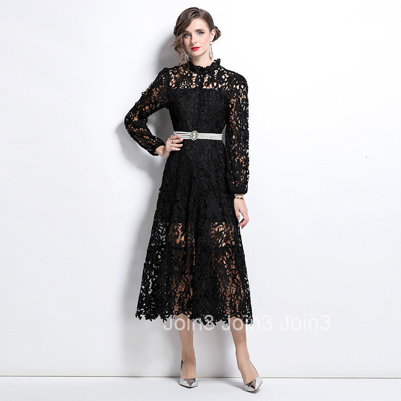 8561 Spring and Autumn New Womens Clothing Style Water soluble Lace Embroidery Hollow Hook Flower Waist Long Dress