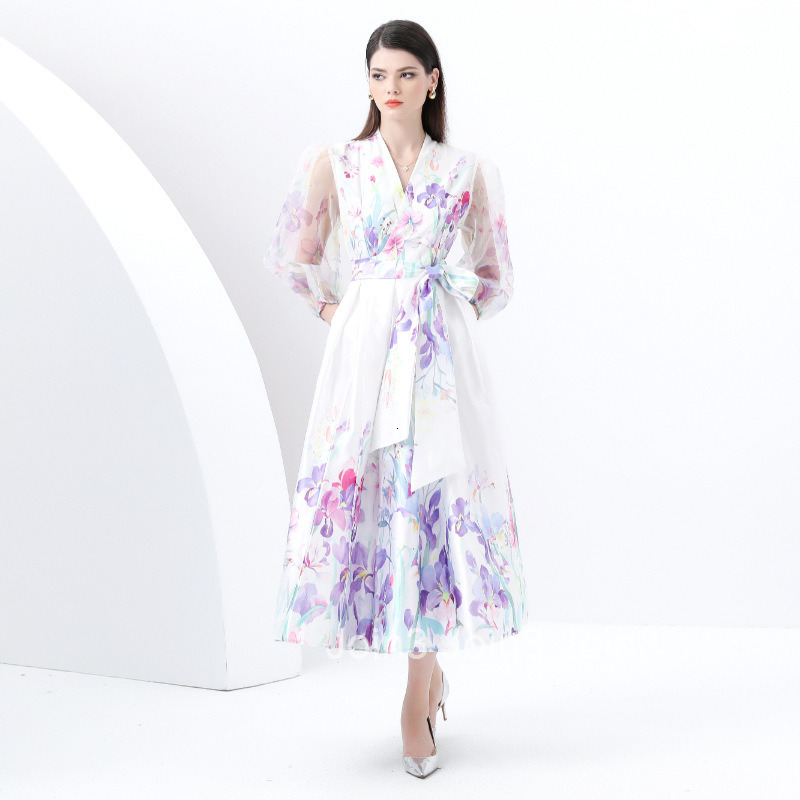 6081 Early Spring New Womens Vacation Wrap Tie V-neck Lantern Sleeve Long Dress Printed Dress