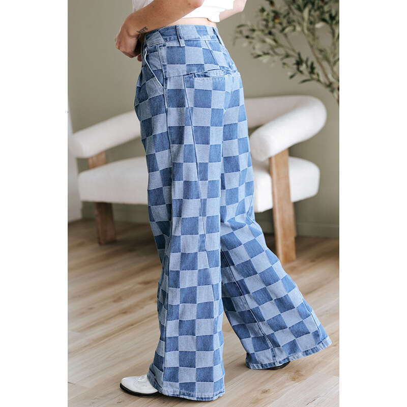 Trendy Plaid Print Jeans 2025 Autumn New High Waist Loose Wide Leg Pants for Women