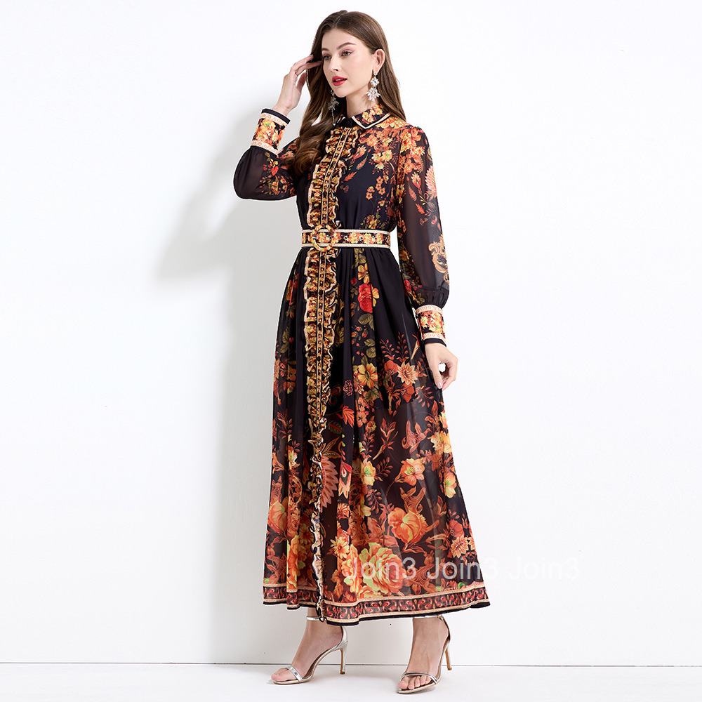 2161 Spring/Summer Chiffon Shirt with Printed Collar Long Sleeve Waist Collection Lotus Leaf Side Skirt - Two Piece Set