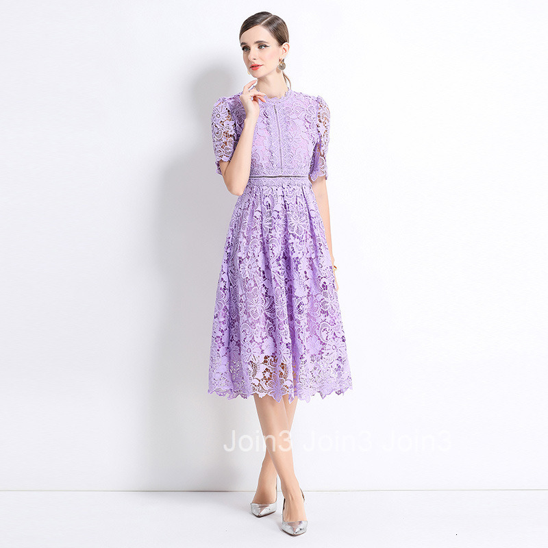 715 Short Sleeve Slimming Hollow Out Water-Soluble Lace Positioning Mid-Length Dress