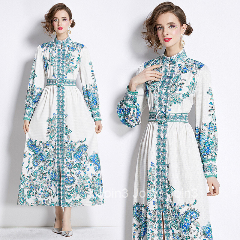 8747 Spring and Autumn new womens clothing style fashionable Elegance style standing collar long skirt printed dress