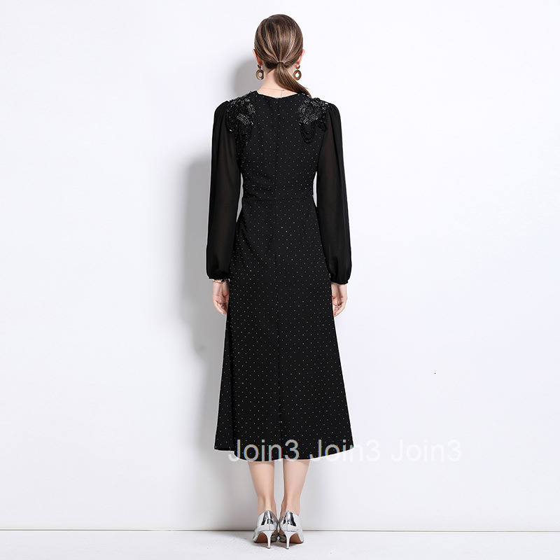 8801 New Elegant Heavy Rhinestone Round Neck Lantern Sleeve Long Dress