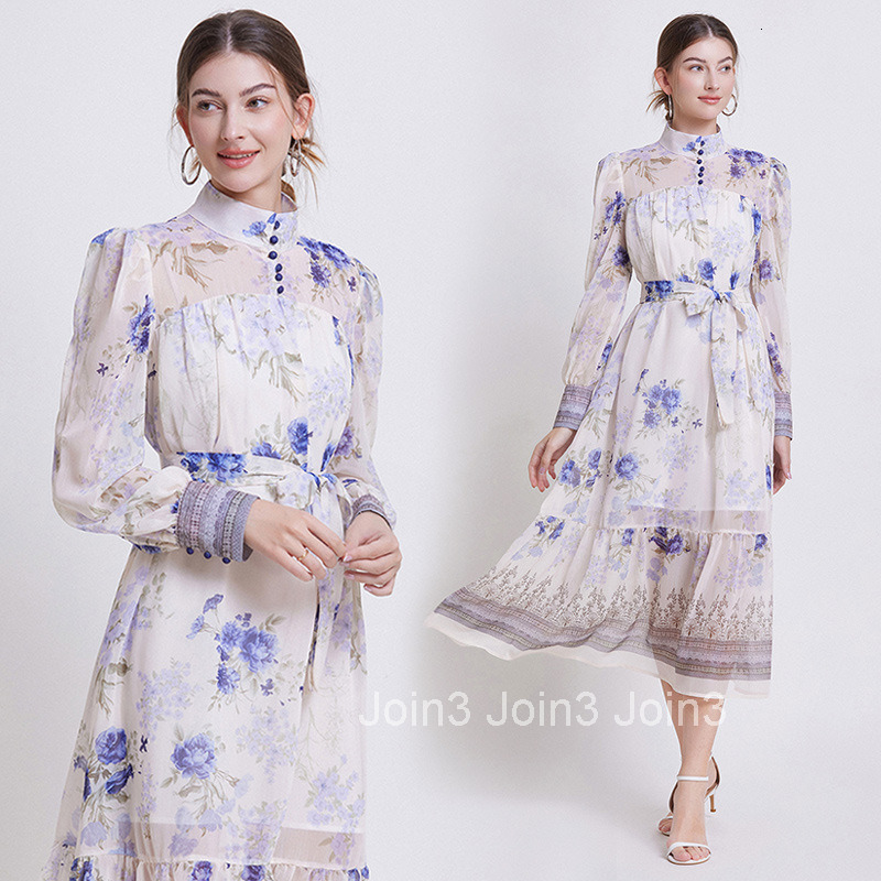 6602 Spring/Summer New Womens Fashion Style Printed Long Sleeve Chiffon Dress with Waist cinching and slimming Long Skirt