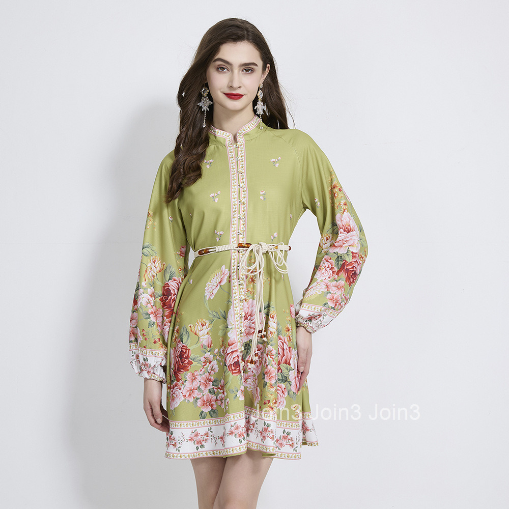 2106 Summer Autumn New Womens Clothing Stand Collar Vacation Style Lantern Sleeve Printed Waist-Cinching Short Dress