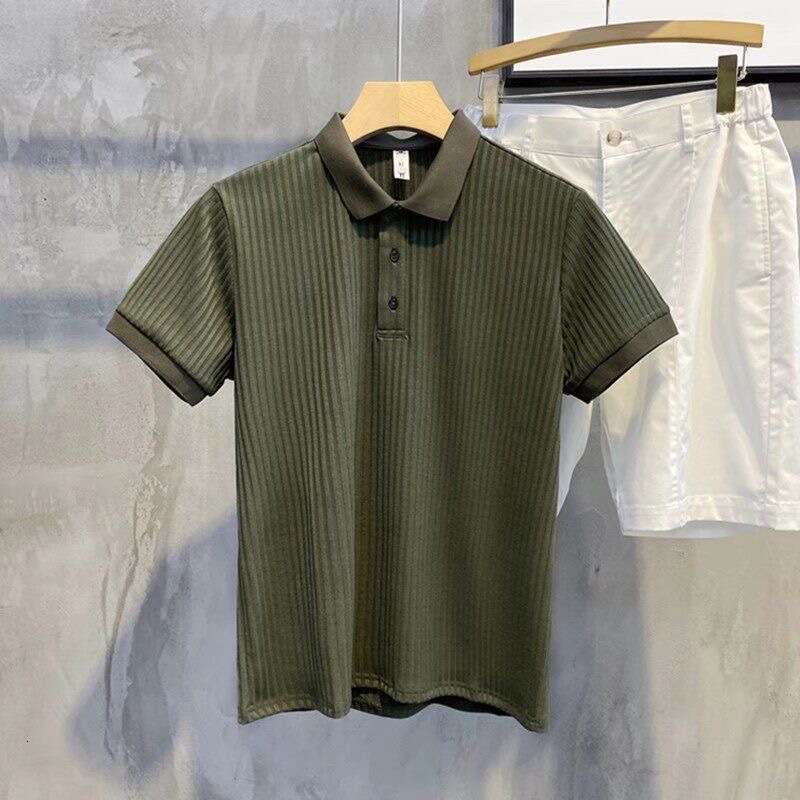 Business Ribbed Striped Mercerized Polo Shirt Short Sleeve Trendy Summer Top Turn-down Collar Men's T