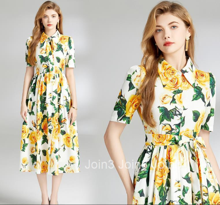 6838 Summer New Womens Clothing Style Collar Short Sleeve Waist for slimming Printed Long Dress