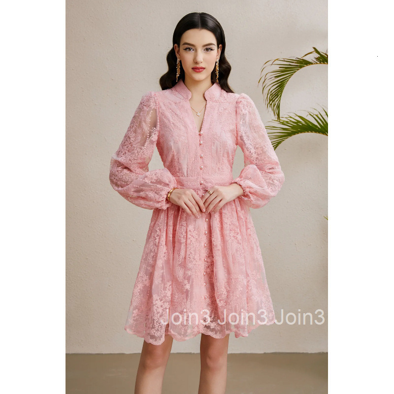 8876 Early Autumn Vacation Collar Lantern Sleeve Gathered Wide Hem Embroidered Dress