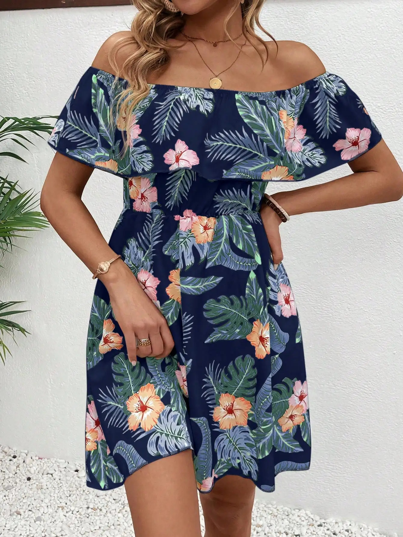 Elegant fashion womens dress line neck short sleeve ruffle full body print casual 250717