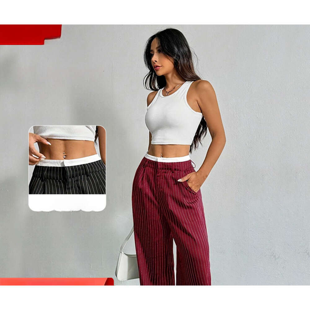 2025 Spring Summer New Women's Dress Pants Cross-Border Japanese Korean Casual High Waist Spliced Simple Draped Commuter Straight-Leg Trousers