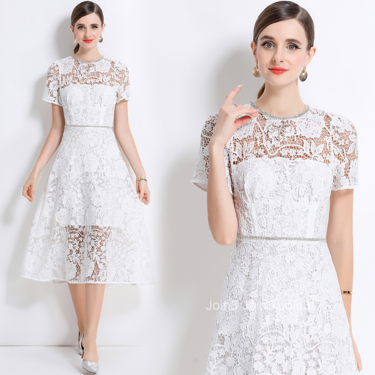 9631 Elegant Mesh Embroidered Dress Mid-Length Waist-Cinching Slimming Dress