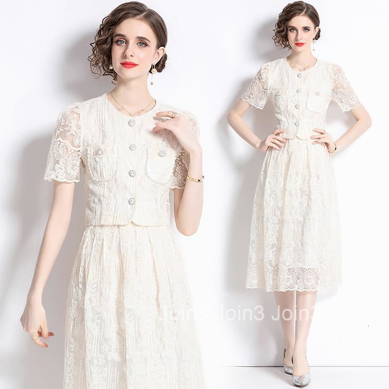 8562 Summer New Womens Fashionable Short Sleeve Set Water Soluble Lace Blouse + Skirt Two-Piece Set