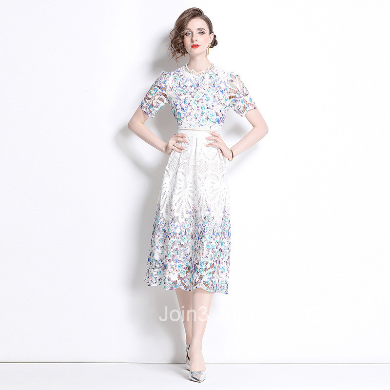 539 Summer New Womens Dress with Fashionable and Skinny Look Hollow out Water soluble Lace Printed Medium to Long Length Dress