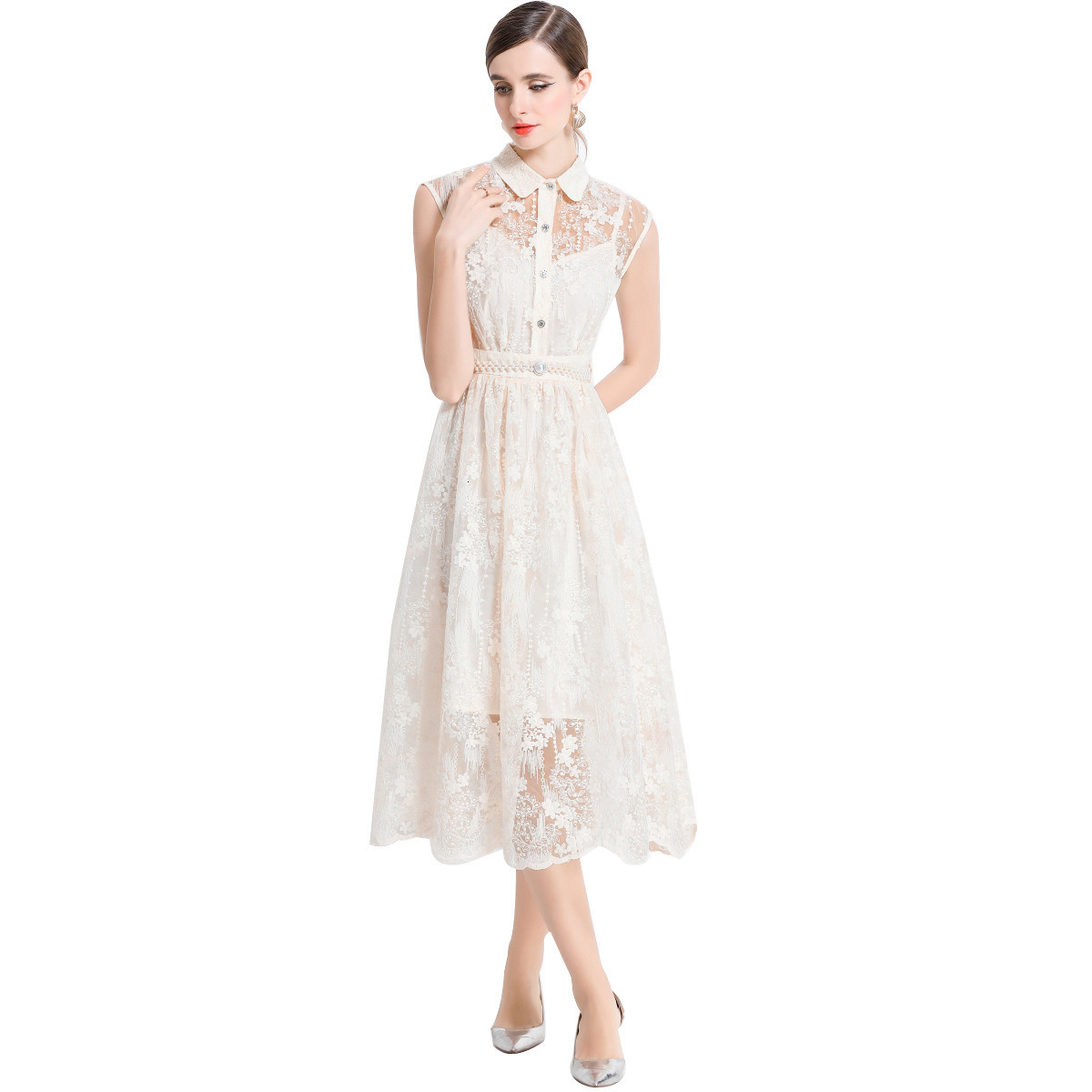 5875 Elegant Mesh Embroidered Long Dress Slim Waist Inner Strap Dress