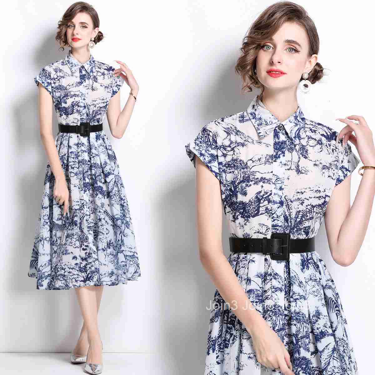 1664 Summer New Womens Printed Turn-Down Collar Short Sleeve Slim Mid-Length Dress with Belt