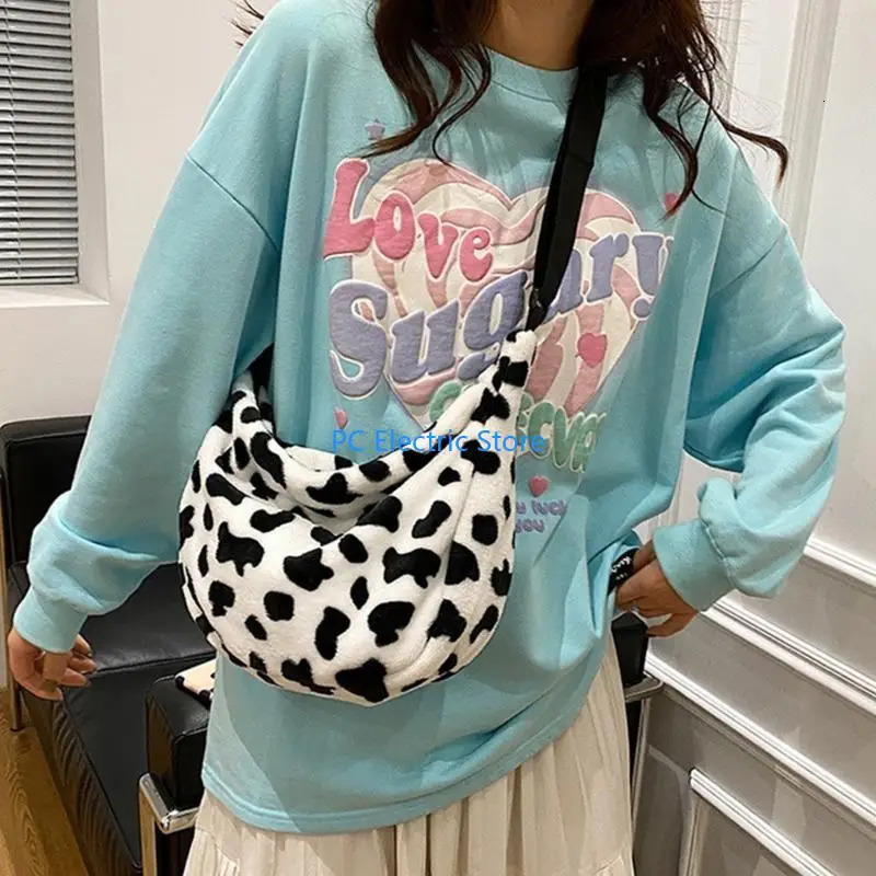 68C Stylish Single Shoulder Plush Bag with Lovely Cow s Lightweight Handbag 250717
