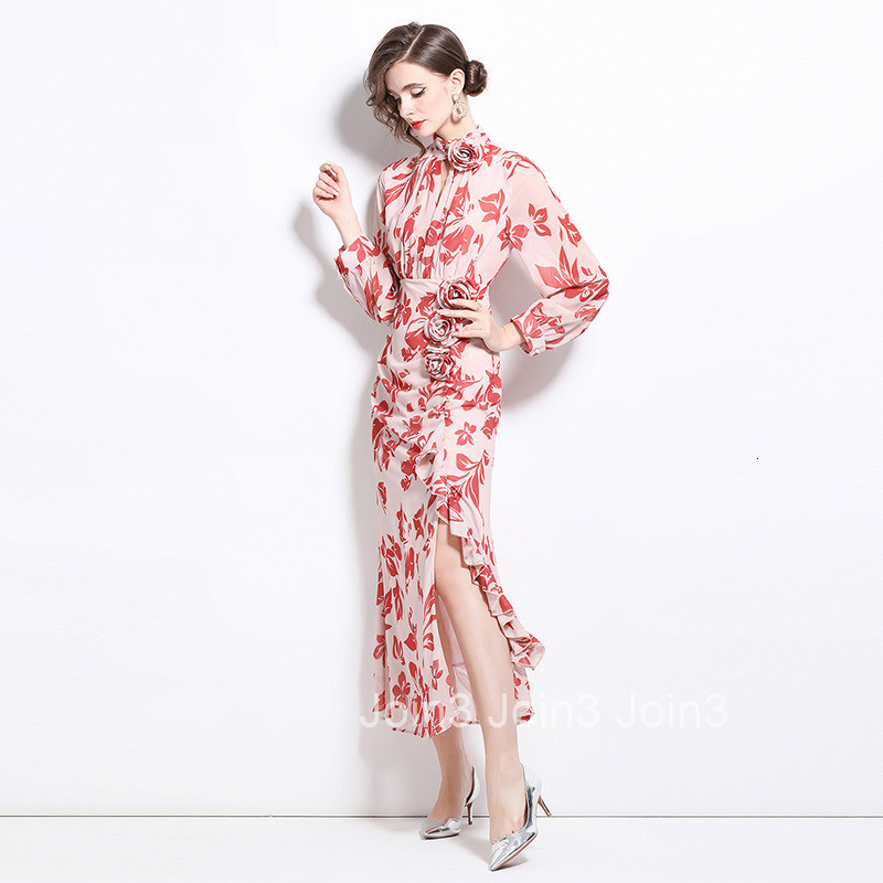 6015 Autumn New Womens Long Sleeve Printed Chiffon Dress Slim Waist Elegant Long Dress