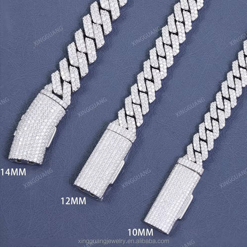 XingGuang Hip Hop Iced Out Cuban Chain Necklace 10mm 12mm 14mm 100% Pass Diamond Test Vvs Moissanite 925 Silver Cuban Link Chain