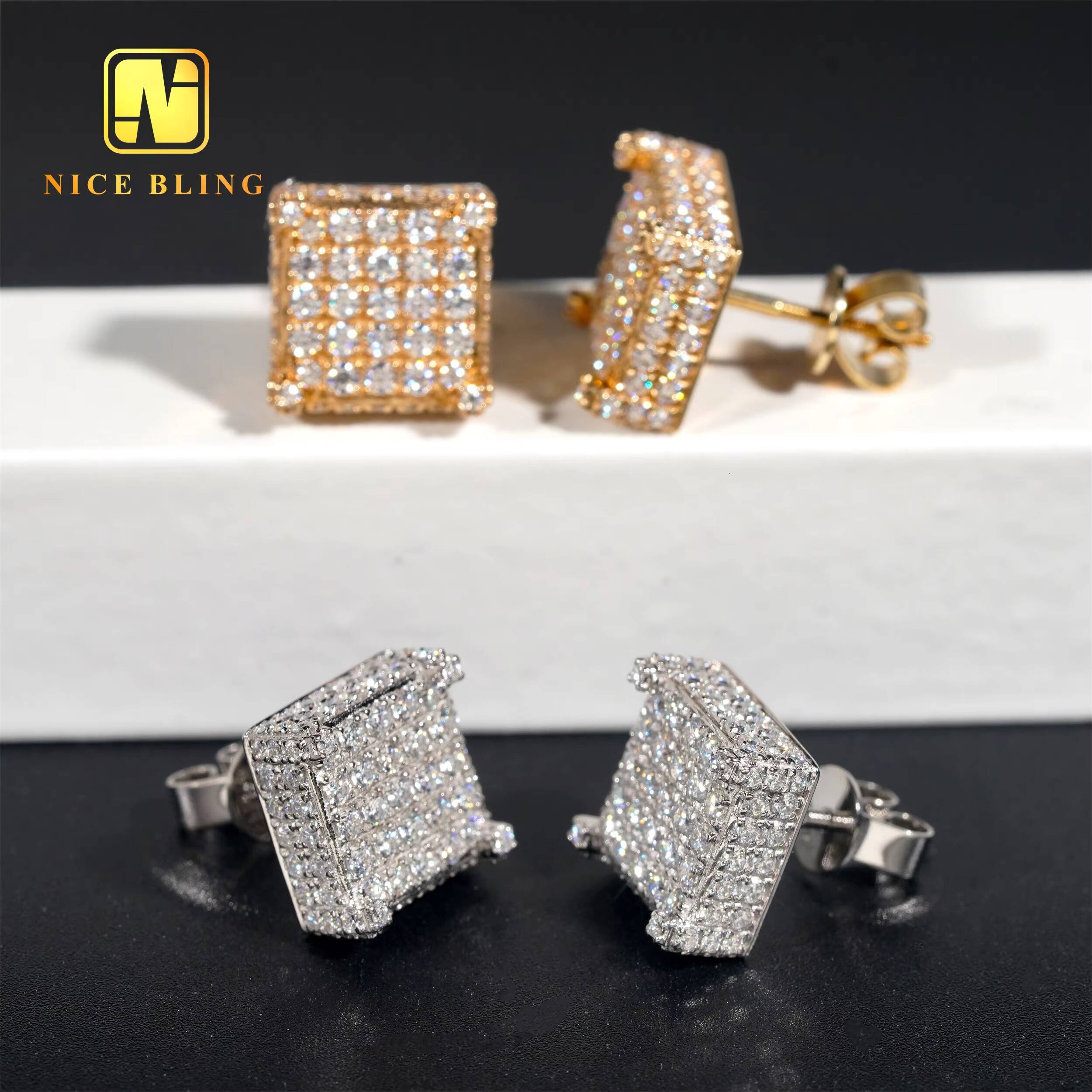 Full Iced Out Lab Diamonds Ear Studs 10K Solid Gold Jewelry Earrings Square Shape Shining Moissanite Earrings for Men Women
