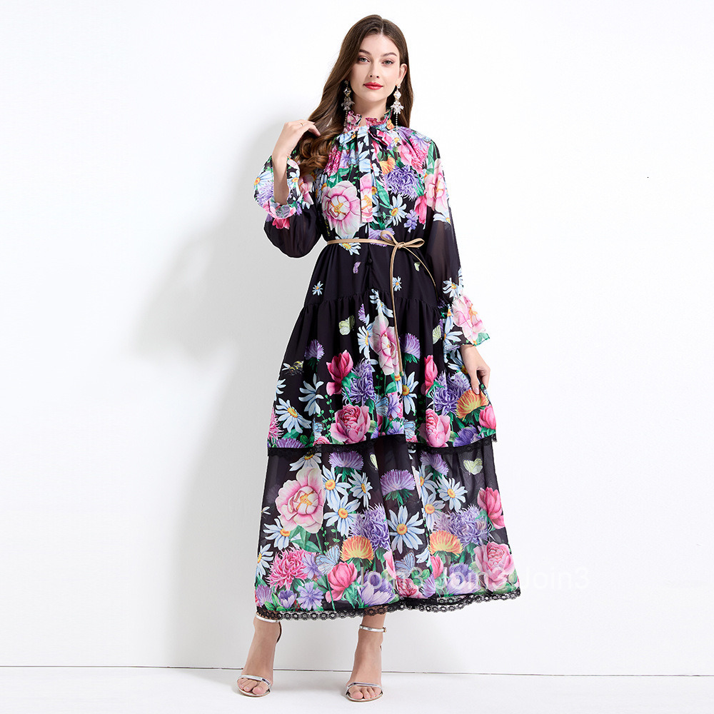 2170 Spring New Womens Fashion Elegant Vacation Style Lace Cake Dress Printed Waist-Cinching Long Dress - Two-Piece Set