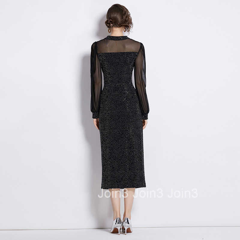 8723 Spring and Autumn New Womens Fashionable Rhinestone Patchwork Mesh Black Long Dress