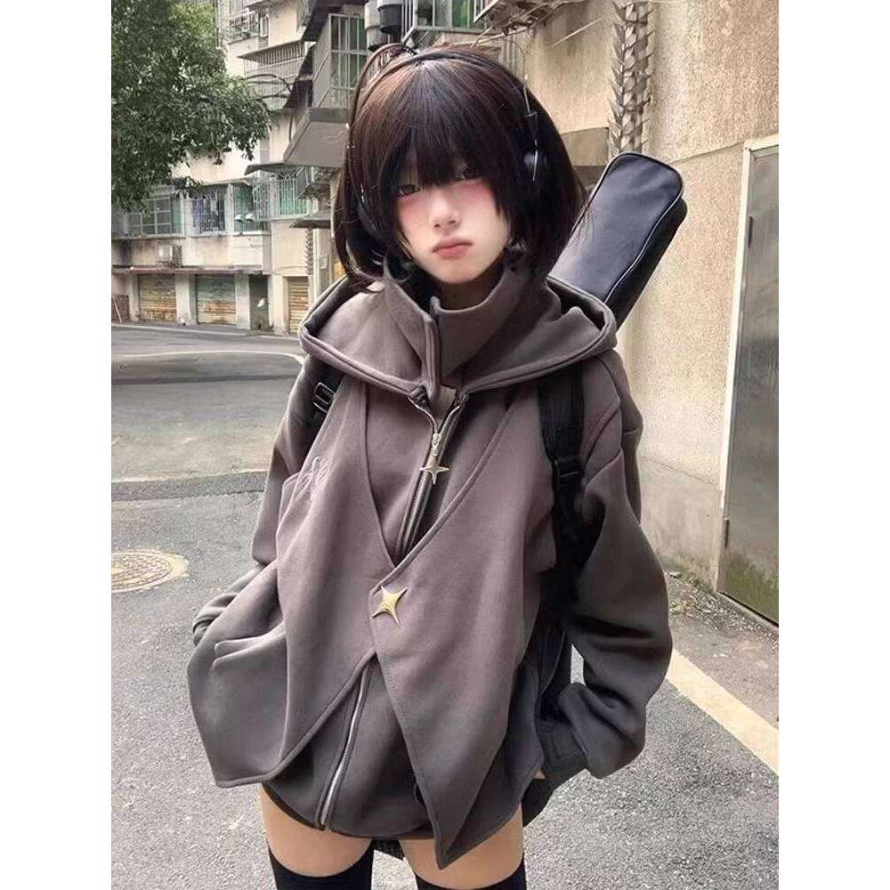 Fake Two Pieces Vintage Loose Zipper Sweatshirts Women Casual Streetwear Grunge Coats Y2k Aesthetic Oversized Stand Neck Hoodies